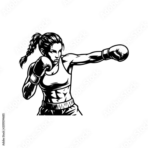 Female Boxer Punching Vector Illustration, Women Boxing Action Silhouette Clipart