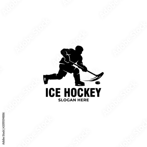 Ice Hockey Player Silhouette Logo Design, Sports Clipart with Puck and Stick