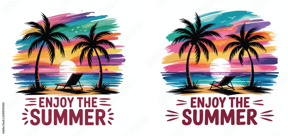 Obraz premium Tropical Summer Sunset Vector with Palm Trees and Retro Beach Typography