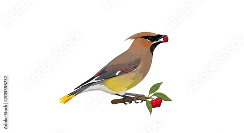 Cedar Waxwing Perched on Branch.