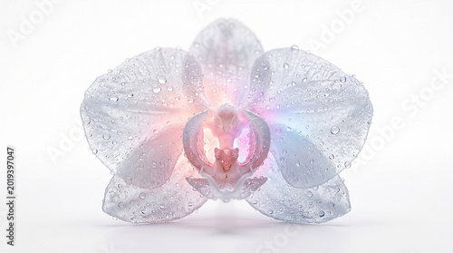 Macro photography of a translucent glass orchid flower with water droplets