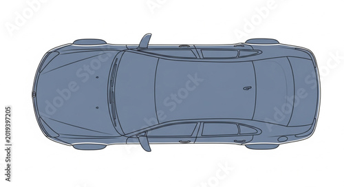 Tablou pe pânză Top view of a modern blue sedan car isolated on white background.