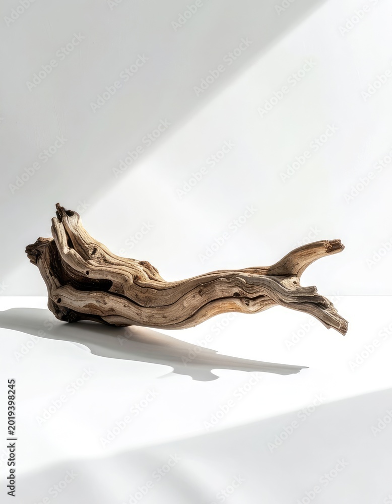 Fototapeta premium A beautifully textured piece of natural driftwood casts long, geometric shadows on a pristine white surface, highlighting its organic form and minimalist appeal.