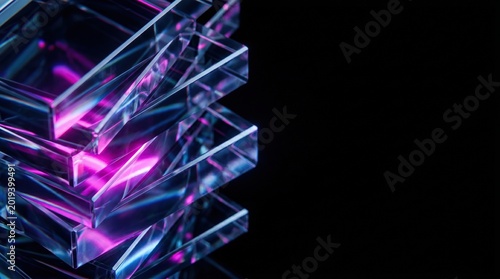 3D glass holographic geometric prism blocks on black background, 3D render. Abstract transparent glass layers with neon purple pink light effect for tech backdrop.