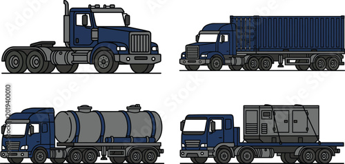 Fotografie Collection of blue trucks including semi-trailer tanker and container trucks for