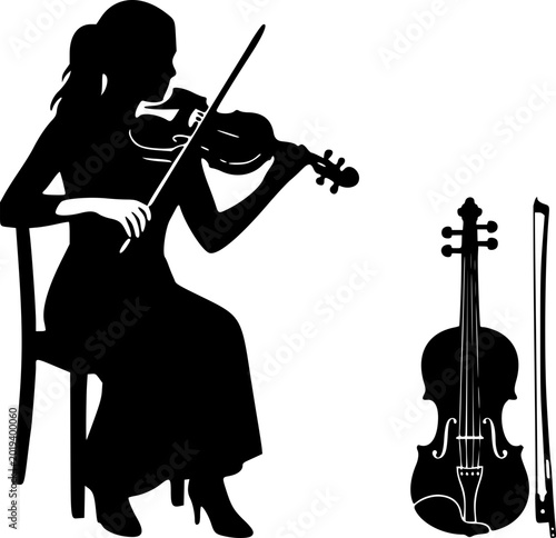 Quadro su tela Silhouette of a woman playing violin with instrument and bow on chair, music per