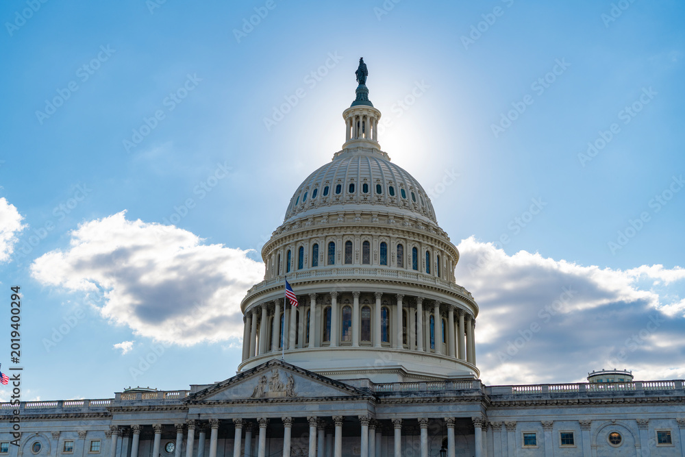 Fototapeta premium Capitol dome. Historic Capitol by the national flag. Capitol dome as symbol of law. Washington monument architecture. Washington DC. US Senate. Federal government in the nation capital