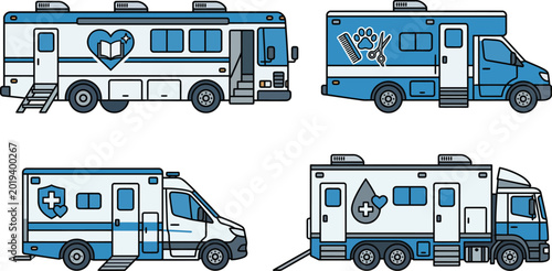 Fotografi Collection of mobile clinic vans including veterinary medical and blood donation