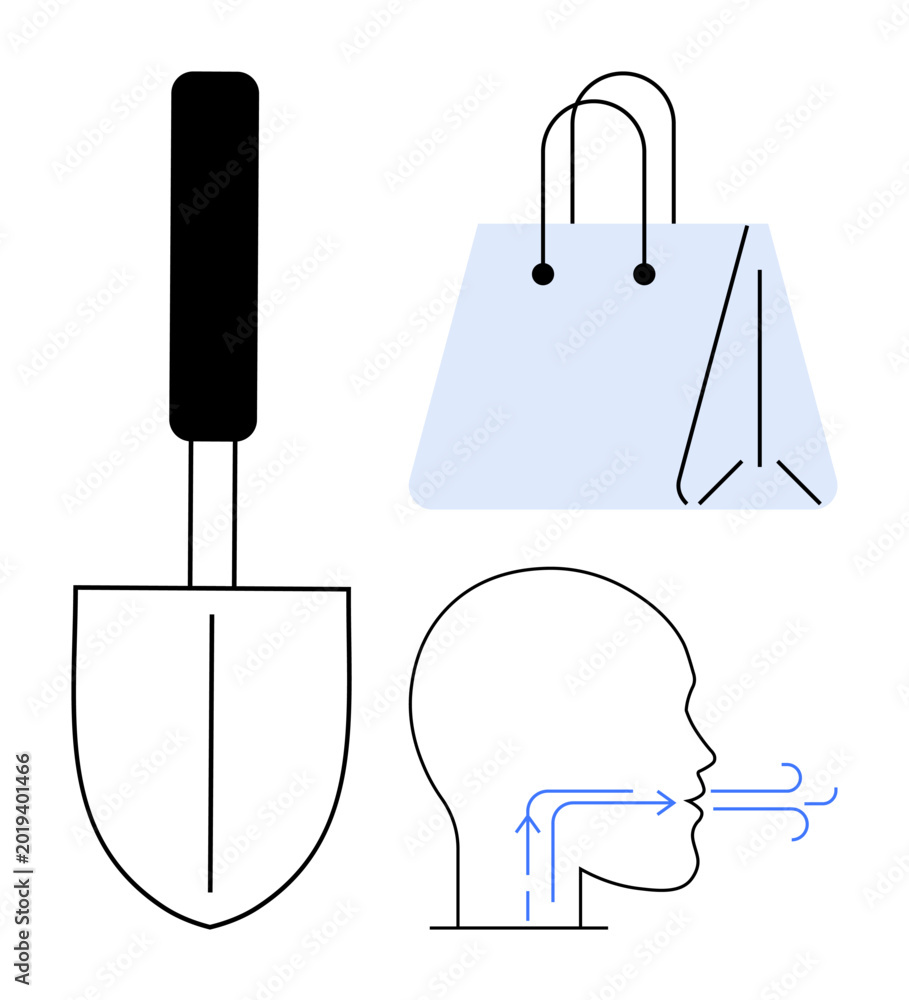 Fototapeta premium Gardening, sustainability, shopping, environmental health, breathing techniques, lifestyle. A shovel, shopping bag and head with airflow arrows. Gardening and sustainability concept