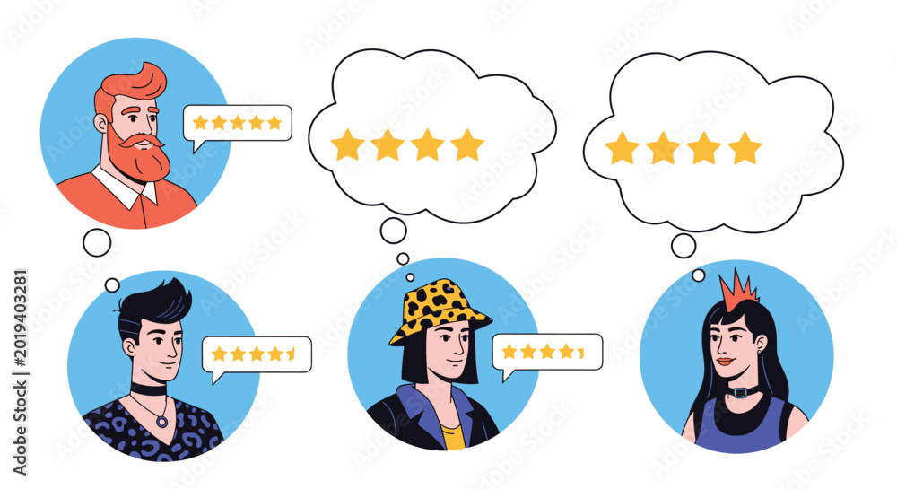 Fototapeta premium Diverse people provide feedback with five star ratings representing positive customer experience and high service quality in a business context.