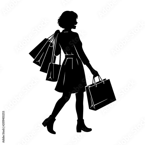 Woman Walking with Shopping Bags Silhouette Vector, Fashion Girl Retail Clipart Illustration