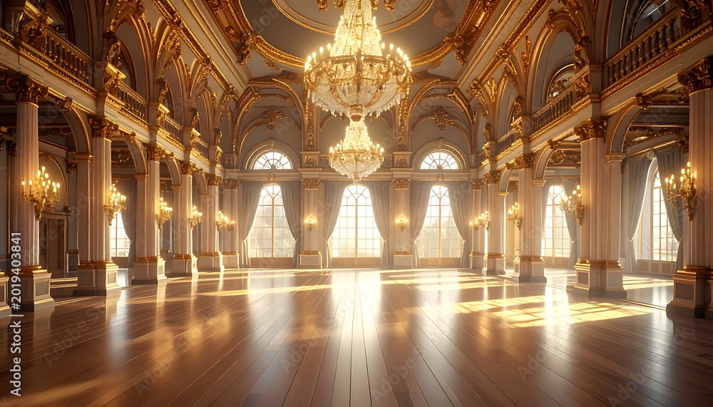 Fototapeta premium A luxurious empty ballroom with elegant chandeliers and arched windows
