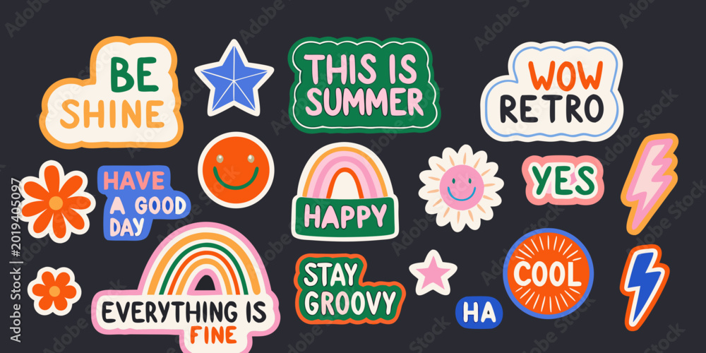 Fototapeta premium Colorful retro sticker collection with inspirational phrases and playful illustrations on a dark background