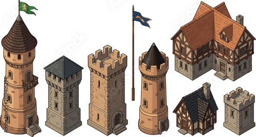 Fotografie Medieval isometric building set featuring stone castle towers fortified walls timber framed houses and flags on white