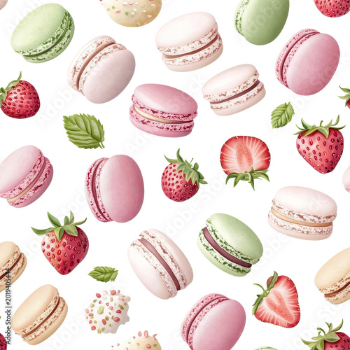Watercolor seamless pattern of strawberry macarons on a white background, charming and artistic. PNG
