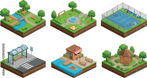 Cuadro en lienzo Isometric urban park and city landscape set featuring playground swimming pool bus stop cafe and gazebo on white
