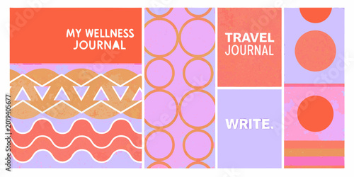 Photos abstract geometric pattern with journal text colorful wavy shapes and circles on