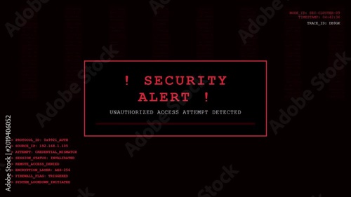 Cybersecurity Security Alert Screen with Red HUD Interface Warning of Unauthorized Access Attempt and System Lockdown.