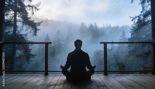 Man meditating on wooden deck overlooking misty forest morning