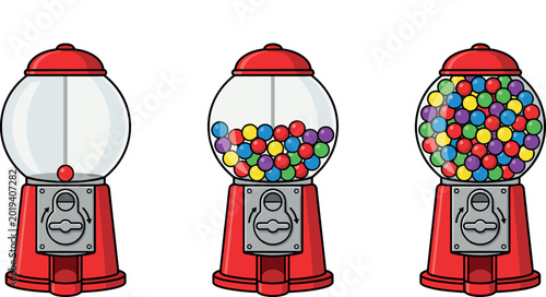 Red vintage gumball machine set with colorful candy at different stages isolated on white background.