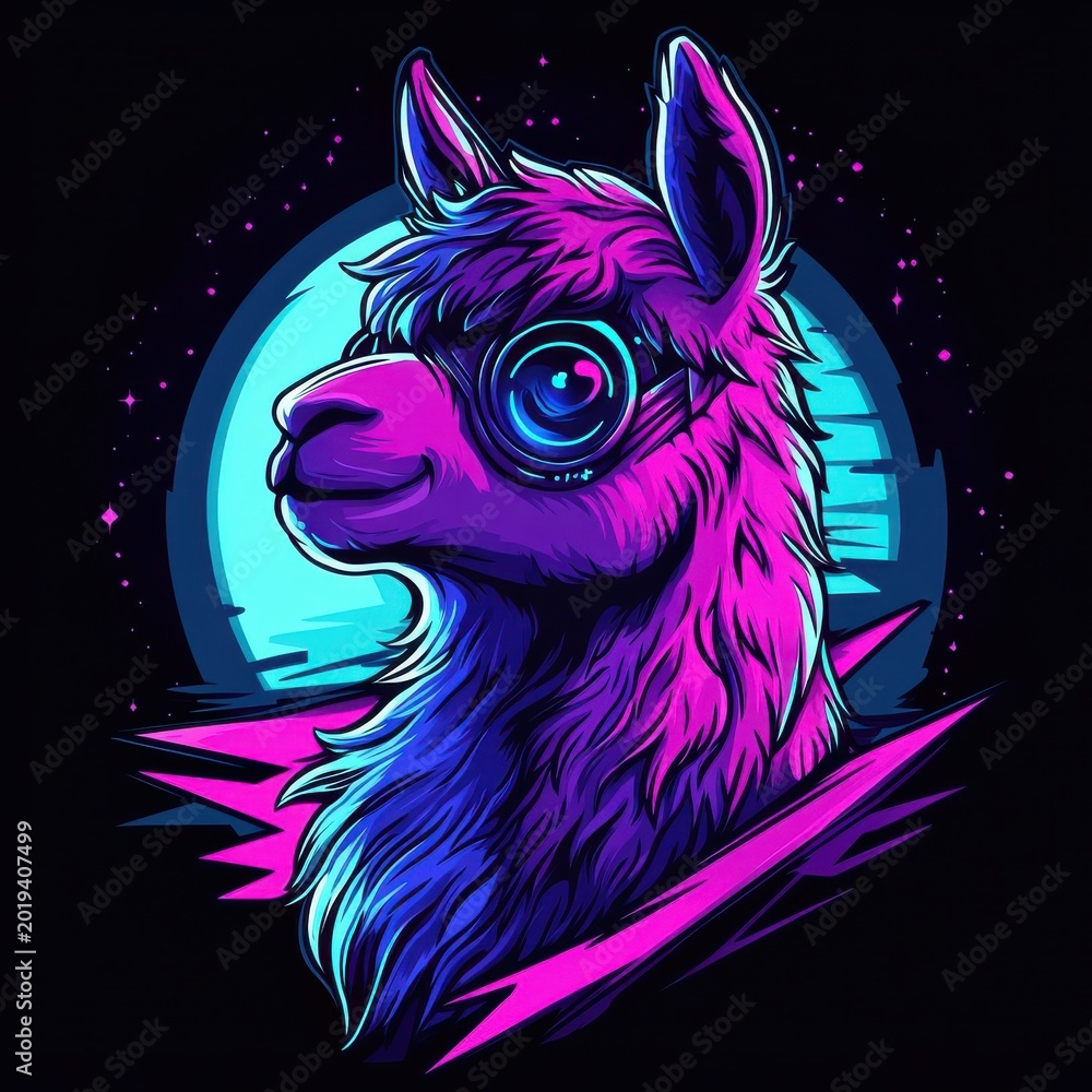 Fototapeta premium Alpaca in Synthwave style, with neon lights and retro-futuristic elements giving it a vibrant, nostalgic look.