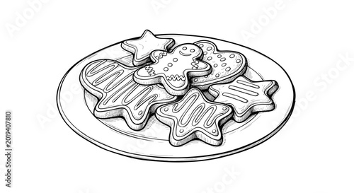 Black and white illustration of assorted gingerbread cookies arranged on a plate, featuring stars and gingerbread men, with intricate icing patterns