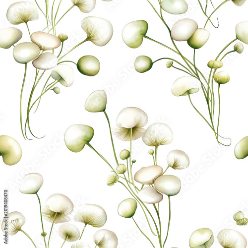Watercolor seamless pattern of enoki mushrooms, isolated on a white background. png