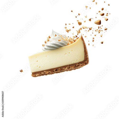 Cheesecake flying isolated on white background, adding a playful and whimsical effect. PNG