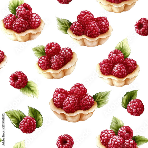Watercolor seamless pattern of raspberry tarts, isolated on a white background, blending art with dessert. PNG