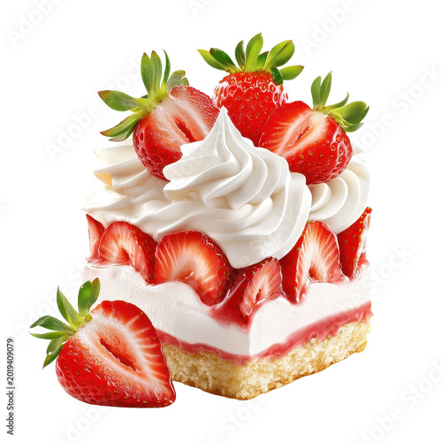 Strawberry shortcake isolated on a white background, highlighting its layers of fresh strawberries and cream. PNG