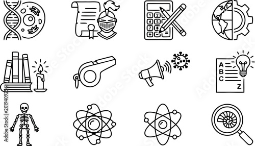 Fotografi Comprehensive collection of linear icons representing diverse science education history biology and academic research concepts for school design