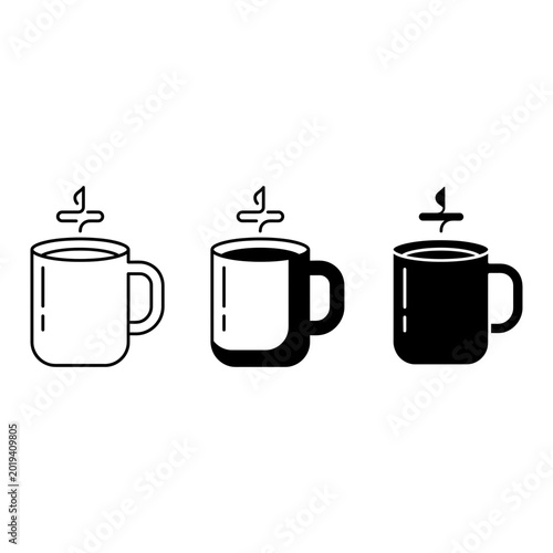 Coffee Mug icon set, outline, solid, silhouette, white background, vector Illustration