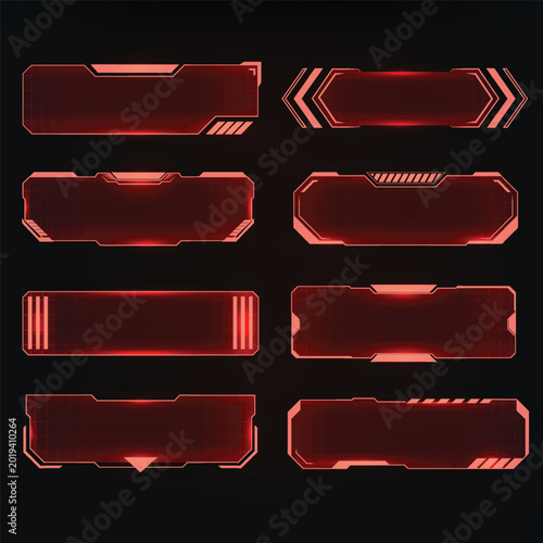 
Red alert sci-fi HUD frame set with neon glow border and futuristic warning tech panel
