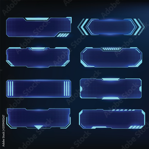 Blue sci-fi HUD frame set with neon glow border and futuristic empty tech button panel