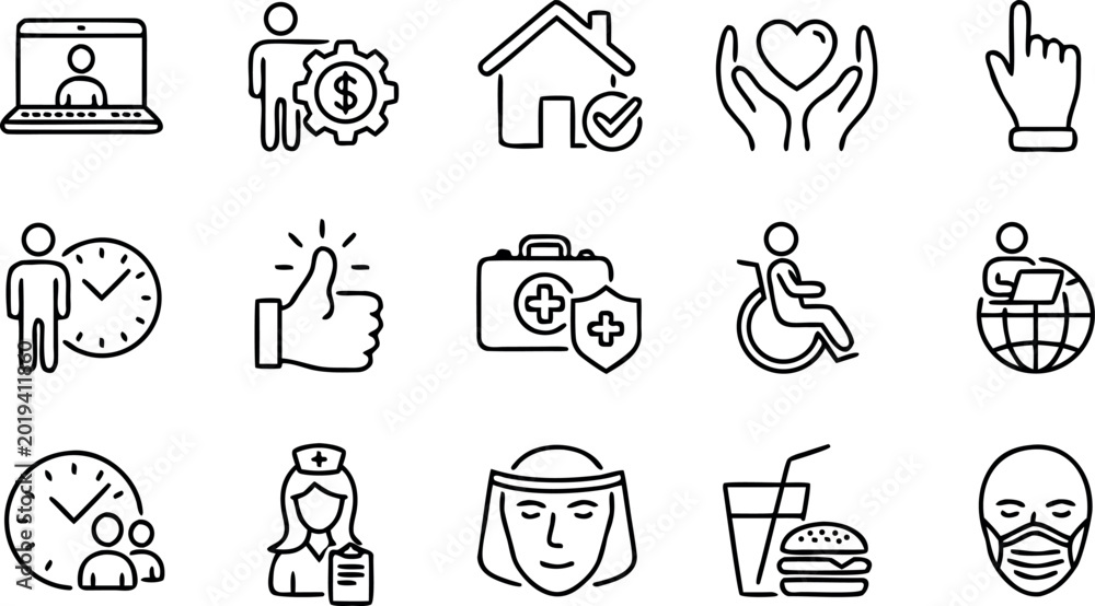 Fototapeta premium Collection of linear icons representing social care medical healthcare insurance and business management services for web design projects.