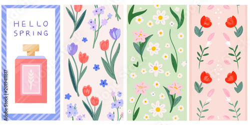 Bild auf Leinwand Floral spring patterns with perfume bottle and botanical illustrations colorful