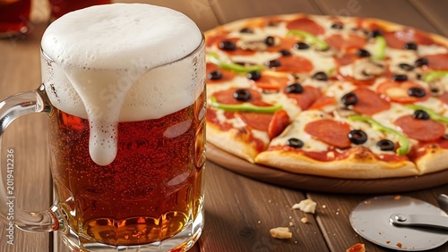 Delicious Pepperoni Pizza and Frothy Beer on Wooden Table.