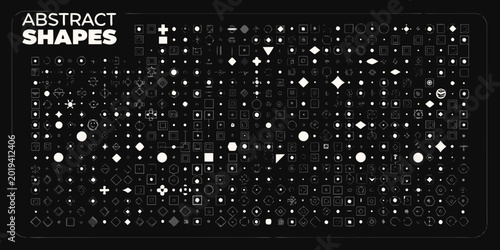Photos abstract shapes and icons collection on a black background white linear design h