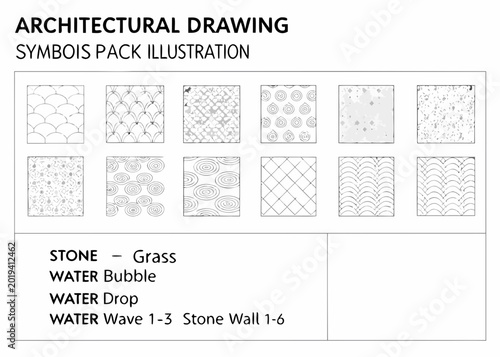 Architectural drawing symbols pack illustration with stone grass water bubble and wave patterns high quality