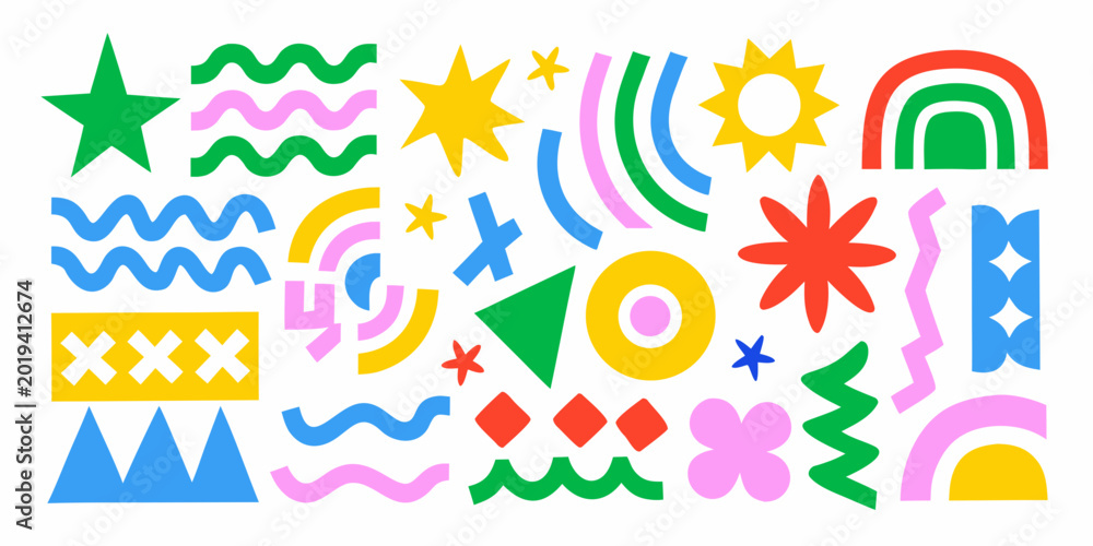Obraz premium Assorted abstract geometric and organic shapes in vibrant colors on a white background high quality