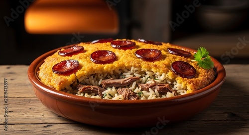 Delicious Savory Cornbread Casserole with Chorizo and Rice Filling.