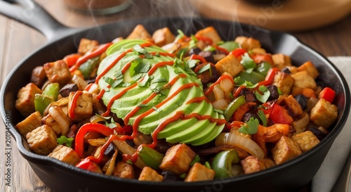 Delicious Skillet Breakfast Hash with Avocado and Sriracha.