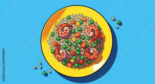 Delicious Shrimp Fried Rice with Peas and Carrots on a Yellow Plate.