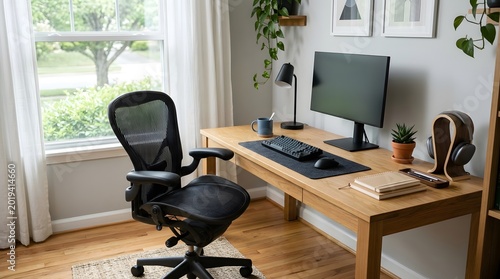 Ergonomic Home Office Setup with Natural Light and Plants.