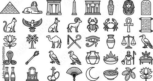 Bild auf Leinwand Ancient Egyptian culture outline icon set featuring pyramid pharaoh ankh scarab