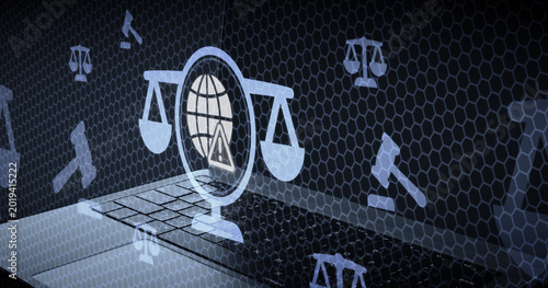 Canvas-taulu Digital legal concept with balance scales globe and warning sign on laptop keybo
