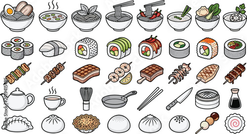 Bild auf Leinwand Asian food and sushi icons collection set with ramen dumplings skewers and tea,