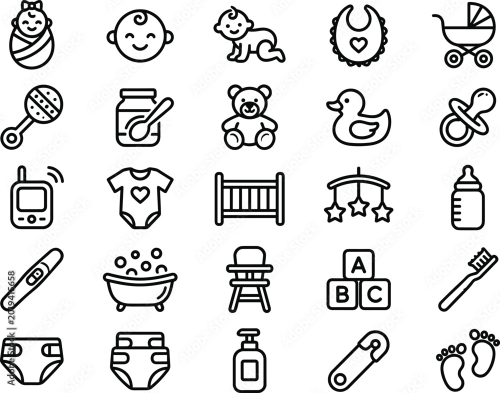 Fototapeta premium Baby care and newborn outline icon set featuring infant toys hygiene nursery and childcare symbols collection
