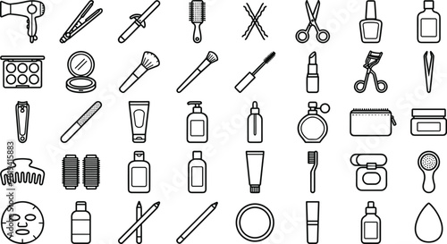 Konstfotografi Beauty and cosmetic outline icon set featuring makeup hairstyling skincare salon