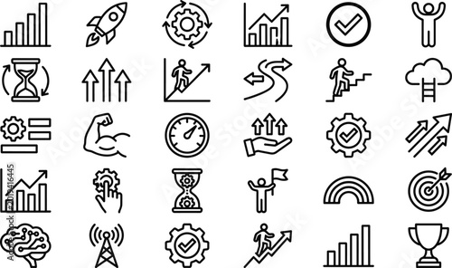 Business growth and success outline icon set featuring analytics achievement productivity and strategic development symbols